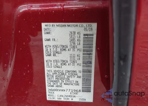 2019 Nissan Frontier Sv z USA, uszkodzony, nr VIN 1N6AD0EVXKN771968